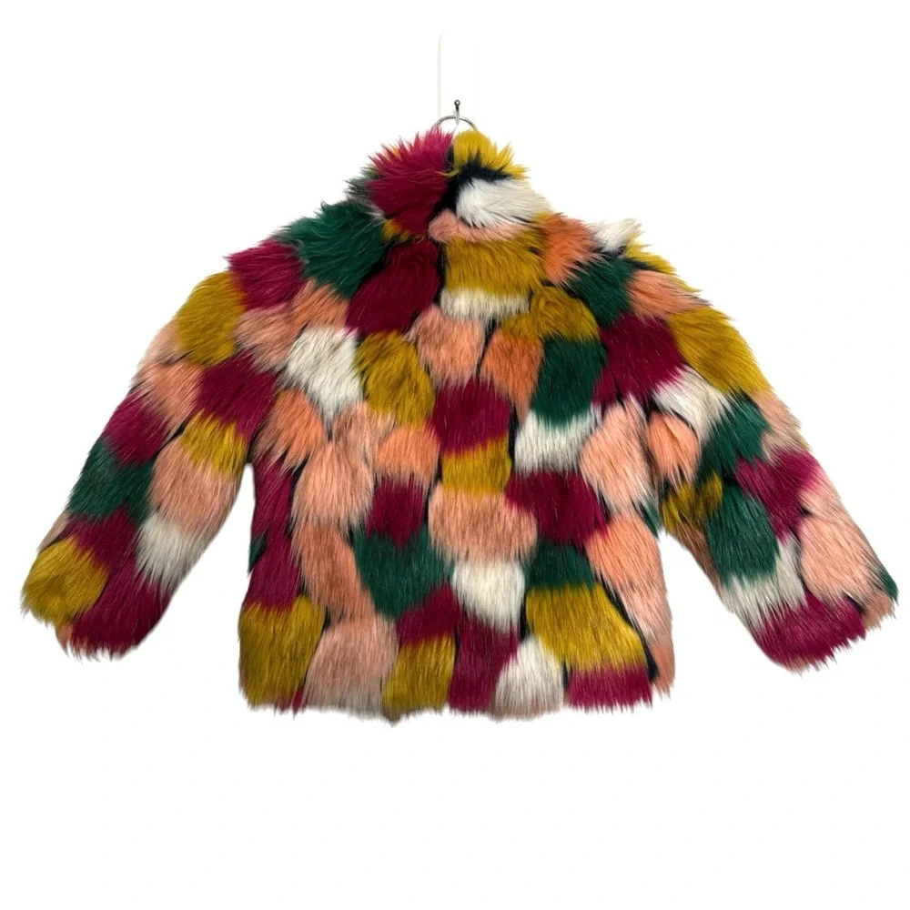 Milly Minis Girls Faux Fur Colorblock Jacket Size 4 Multicolor Patchwork Coat - Picture 2 of 10